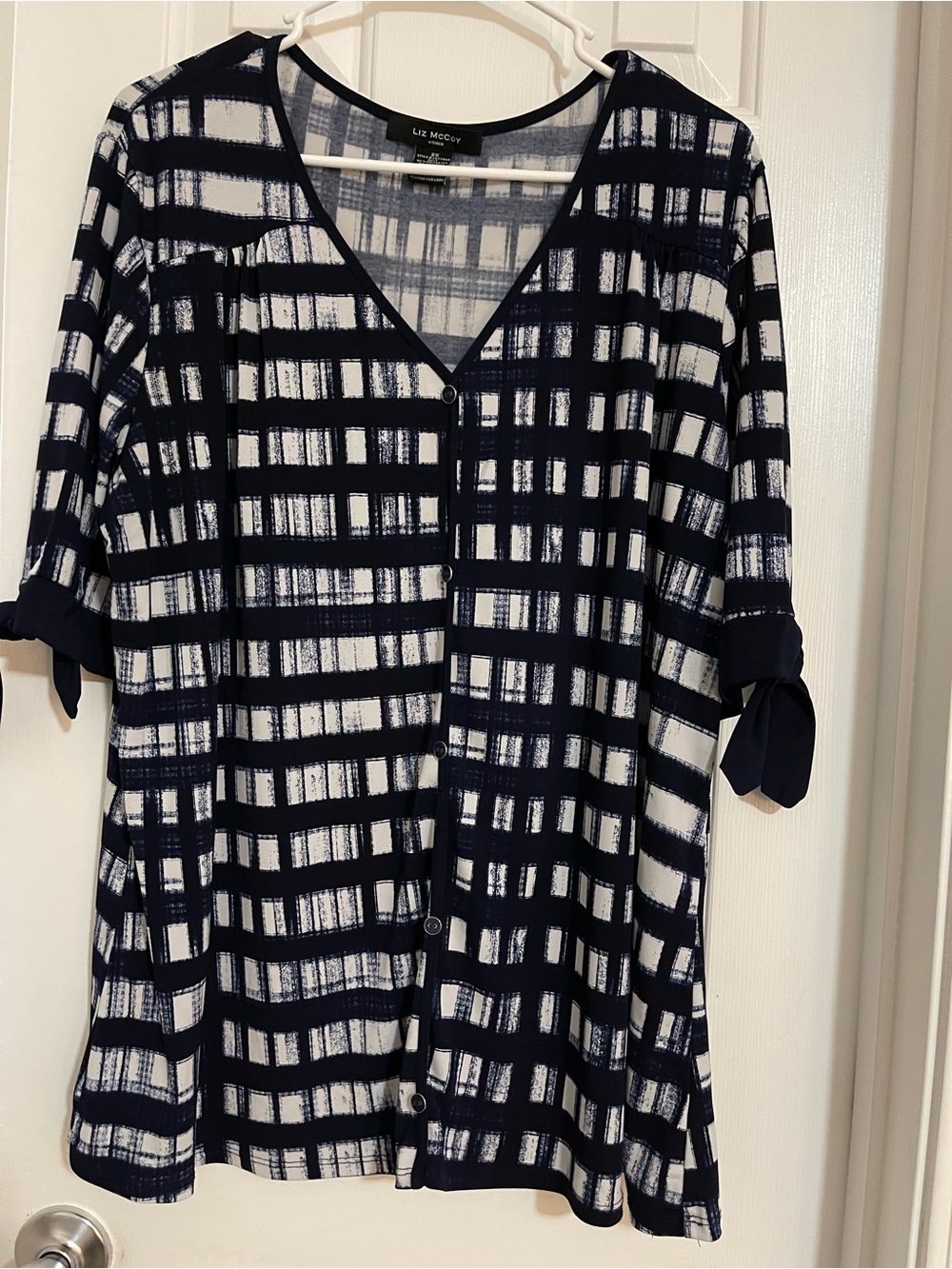 Liz McCoy Navy and White Plaid V-Neck Top